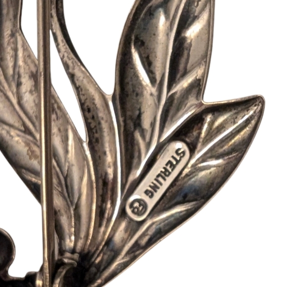ROSE FLOWER Sterling Silver Vintage Retro Brooch Leaf Pin - Picture 5 of 9